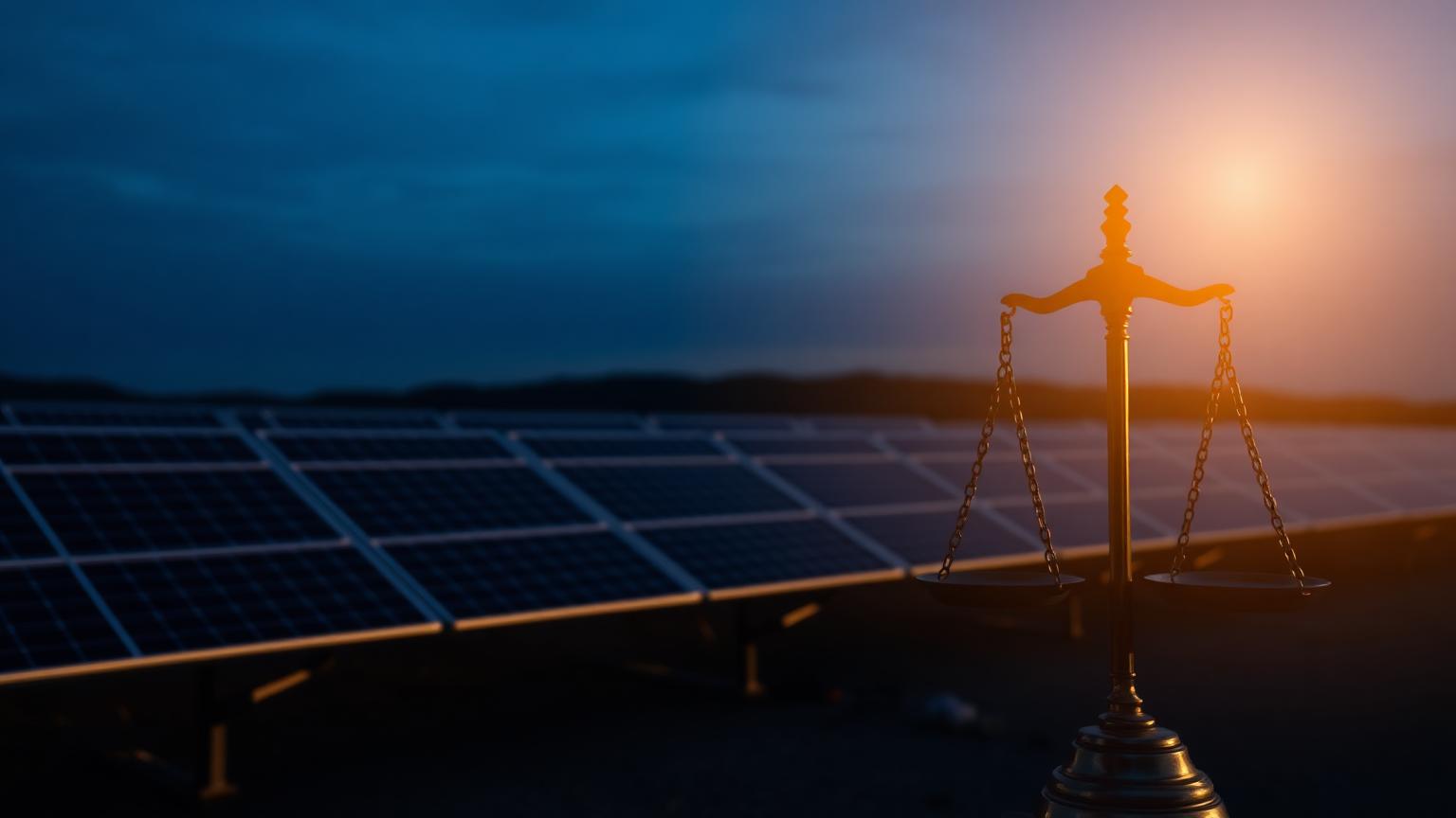 Planta solar al atardecer con una balanza de la justicia